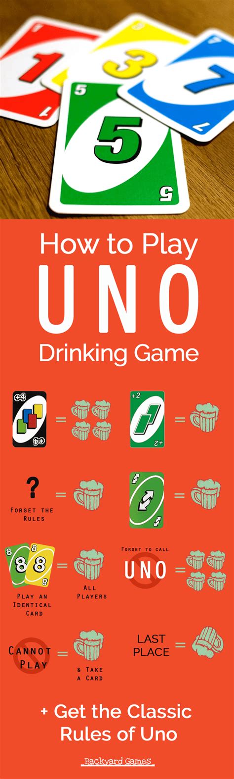 Here’s the rules: +2 card (draw two): You take one shot. +4 card (draw four): You take two shots. Skip card: The skipped player takes one shot. Reverse card: The reversed player takes two shots. False UNO: Take three shots. Winner rule: the winner chooses another player to take three shots. 2. Beer Edition. 